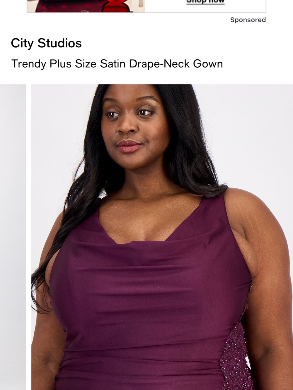 City Studios Plus-Size Satin Drape-Neck Gown — Plum